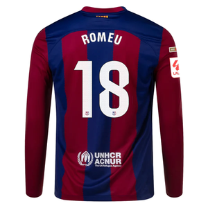 Nike Barcelona Oriol Romeu Home Long Sleeve Jersey 23/24 w/ La Liga Champions Patches (Deep Royal/Noble Red)