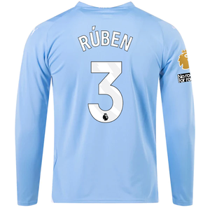 Puma Manchester City Ruben Dias Home Long Sleeve Jersey w/ EPL + No Room For Racism + Club World Cup Patches 23/24 (Team Light Blue/Puma White)