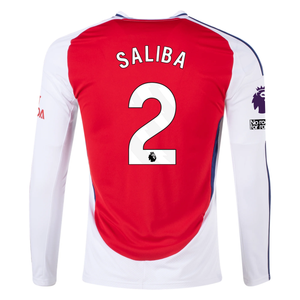 adidas Arsenal William Saliba Home Long Sleeve Jersey w/ EPL + No Room For Racism Patches 24/25 (Better Scarlet/White)