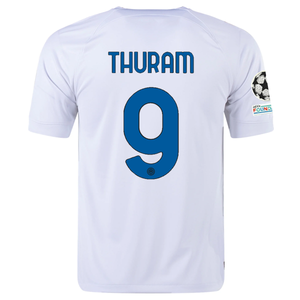 Nike Inter Milan Marcus Thuram Away Jersey w/ Champions League + Copa Italia Patches 23/24 (White/Lyon Blue)