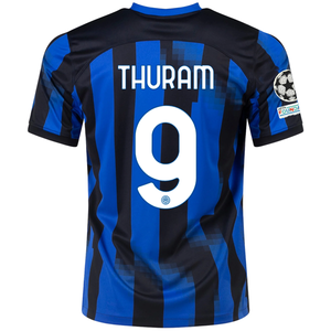 Nike Inter Milan Marcus Thuram Home Jersey w/ Champions League + Copa Italia Patches 23/24 (Lyon Blue/Black/Vibrant Yellow)