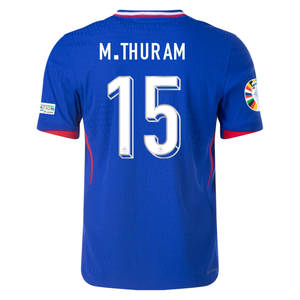 Nike Mens France Authentic Marcus Thuram Match Home Jersey w/ Euro 2024 Patches 24/25 (Bright Blue/University Red)
