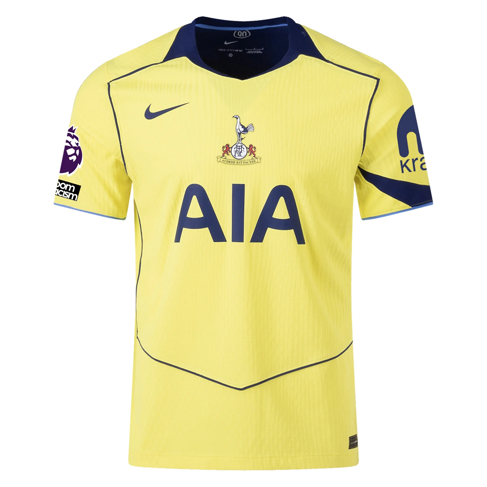 Nike Men's Tottenham Authentic T90 Third Jersey w/ EPL + No Room For Racism 25/26 (Dynamic Yellow/Blue Void)