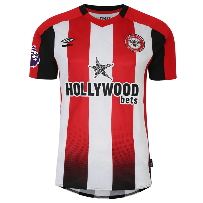 Umbro Brentford Ethan Pinnock Home Jersey w/ EPL Patch 24/25 (Red/White) | SoccerWearhouse
