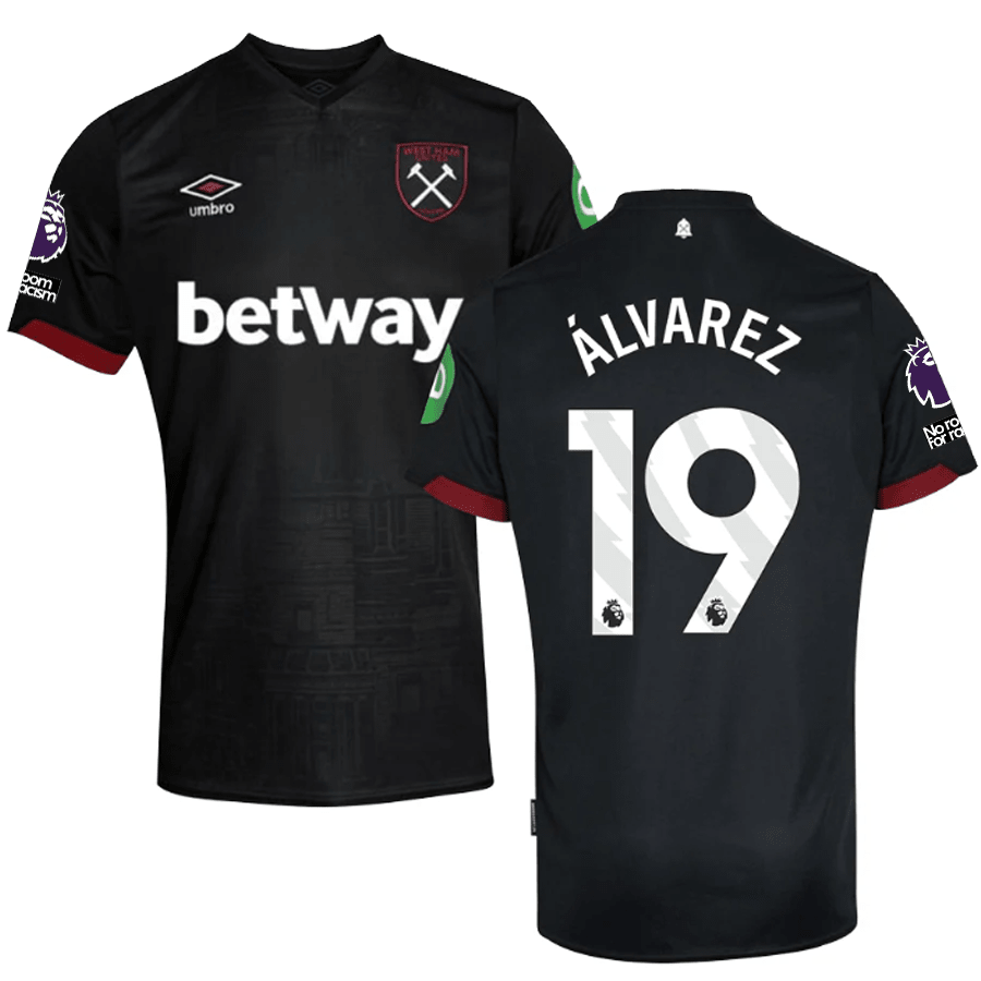 Umbro West Ham Edson Álvarez Away Jersey w/ EPL + No Room For Racism Patches 24/25 (Black) | SoccerWearhouse