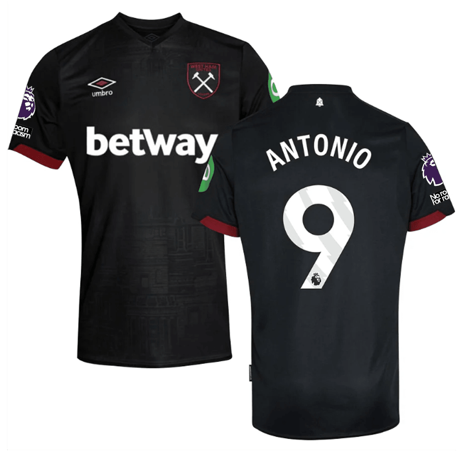 Umbro West Ham Michail Antonio Away Jersey w/ EPL + No Room For Racism Patches 24/25 (Black) | SoccerWearhouse