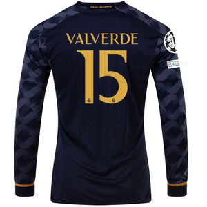 adidas Real Madrid Federico Valverde Long Sleeve Away Jersey w/ Champions League + Club World Patch 23/24 (Legend Ink/Preloved Blue)