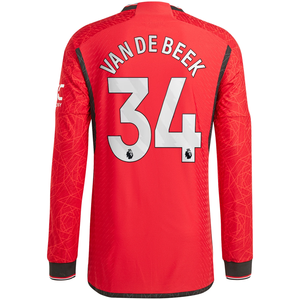 adidas Manchester United Authentic Van De Beek Long Sleeve Home Jersey w/ EPL + No Room For Racism Patches 23/24 (Team College Red)