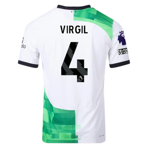 Nike Liverpool Authentic Virgil Van Dijk Match Away Jersey w/ EPL + No Room For Racism Patches 23/24 (White/Green Spark)