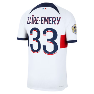 Nike Paris Saint-Germain Authentic Zaire-Emery Match Vaporknit Away Jersey w/ Ligue 1 Patch 23/24 (White/Midnight Navy)