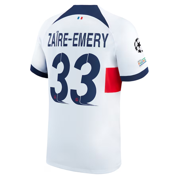 Nike Paris Saint-Germain Warren Zaïre-Emery Away Jersey w/ Champions League Patches 23/24 (White/Midnight Navy)