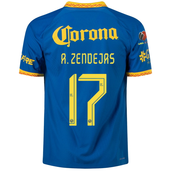 Nike Club America Authentic Alejandro Zendejas Match Away Jersey w/ Liga MX Patch 23/24 (Blue Jay/Tour Yellow) Size XL