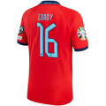 Nike Inglaterra Away Jersey 22/23 con parches de la Copa Mundial 2022 (Challenge Red/Blue Void)