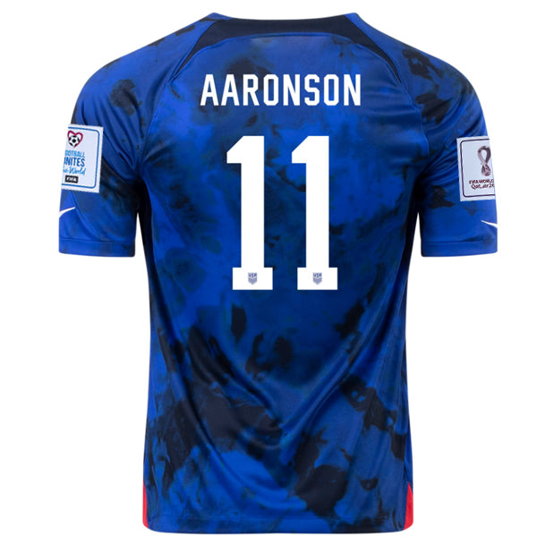 Nike Estados Unidos Brendon Aaronson Away Jersey 22/23 con parches de la Copa Mundial 2022 (Azul brillante/Blanco)