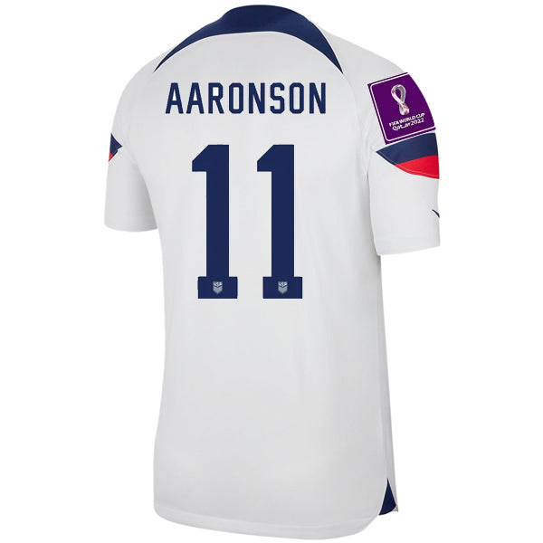 Nike United States Authentic Match Brenden Aaronson Home Jersey 22/23 con parches de la Copa Mundial 2022 (Blanco/Azul)