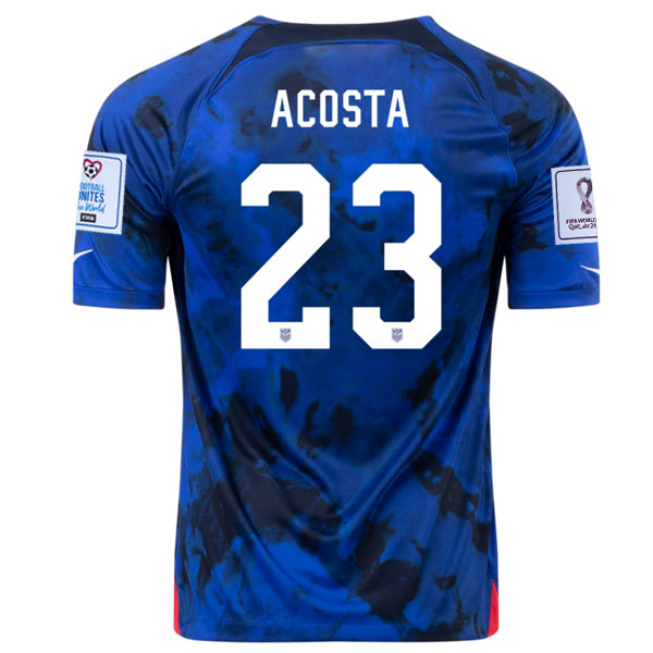 Nike Estados Unidos Acosta Away Jersey 22/23 con parches de la Copa Mundial 2022 (Azul brillante/Blanco)
