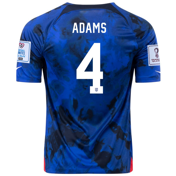 Nike Estados Unidos Tyler Adams Away Jersey 22/23 con parches de la Copa Mundial 2022 (Azul brillante/Blanco)