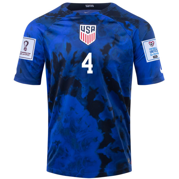 Nike Estados Unidos Tyler Adams Away Jersey 22/23 con parches de la Copa Mundial 2022 (Azul brillante/Blanco)