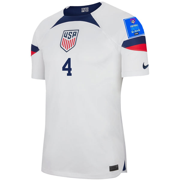 Nike Estados Unidos Tyler Adams Authentic Match Home Jersey 22/23 con parches de la Copa Mundial 2022 (Blanco/Azul)