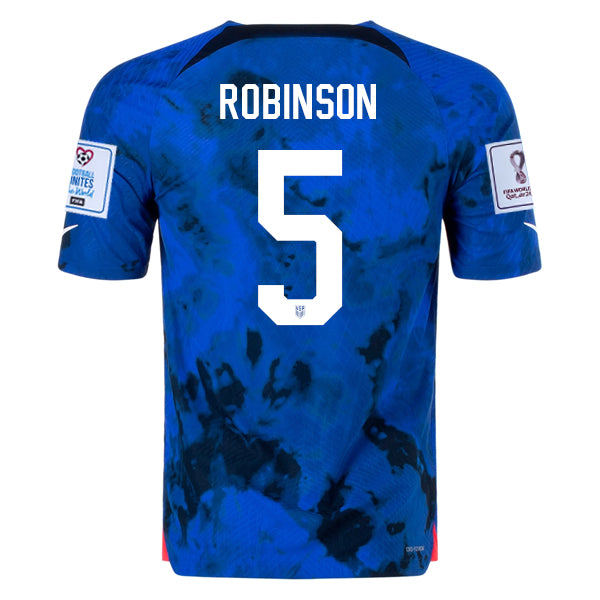 Nike Estados Unidos Antonee Robinson Authentic Match Away Jersey 22/23 con parches de la Copa Mundial 2022 (Azul brillante/Blanco) 