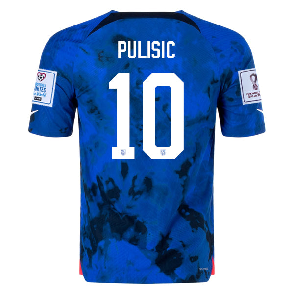 Nike Estados Unidos Christian Pulisic Authentic Match Away Jersey 22/23 con parches de la Copa Mundial 2022 (Azul brillante/Blanco) 