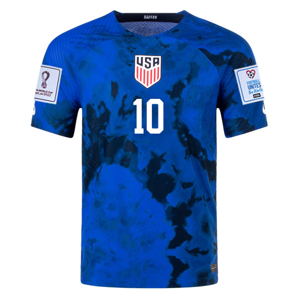 Nike Estados Unidos Christian Pulisic Authentic Match Away Jersey 22/23 con parches de la Copa Mundial 2022 (Azul brillante/Blanco) 