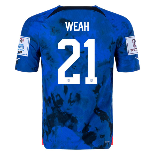Nike Estados Unidos Timothy Weah Authentic Match Away Jersey 22/23 con parches de la Copa Mundial 2022 (Azul brillante/Blanco) 