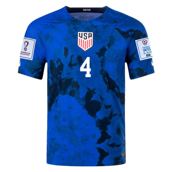 Nike Estados Unidos Tyler Adams Authentic Match Away Jersey 22/23 con parches de la Copa Mundial 2022 (Azul brillante/Blanco) 