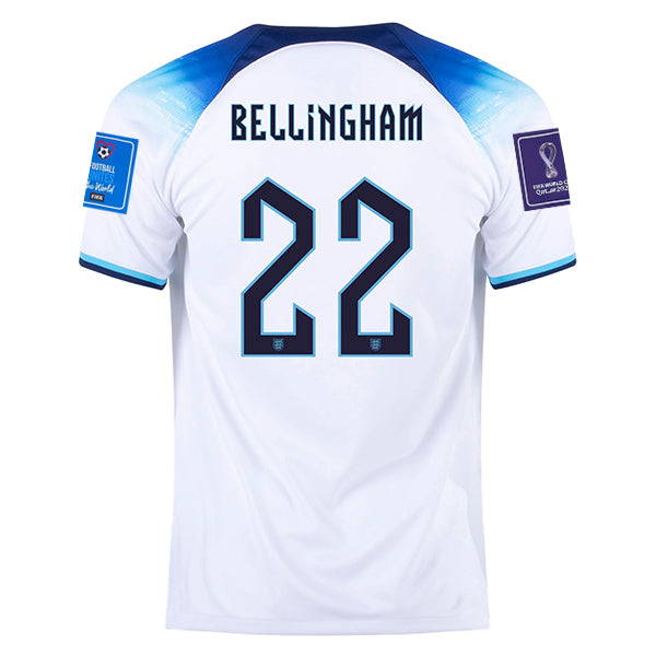 Nike England Jude Bellingham Authentic Match Home Jersey 22/23 w/ World Cup 2022 Patches (White/Blue Fury/Blue Void) Size L