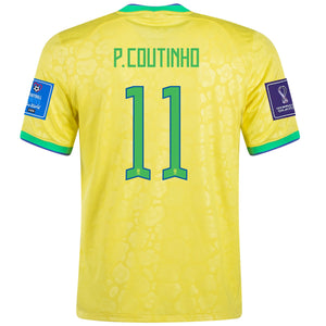 Nike Brazil Phillipe Coutinho Home Jersey 22/23 w/ World Cup 2022 Patches (Dynamic Yellow/Paramount Blue)