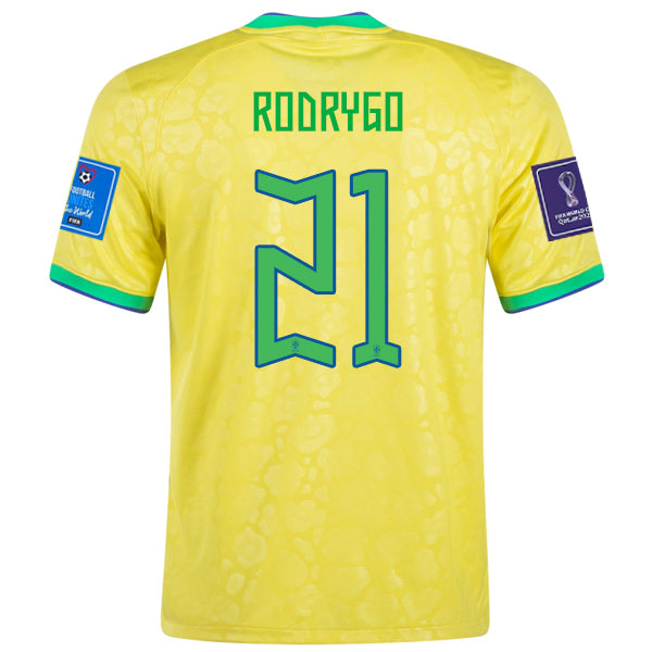 Nike Brazil Rodrygo Home Jersey 22/23 w/ World Cup 2022 Patches