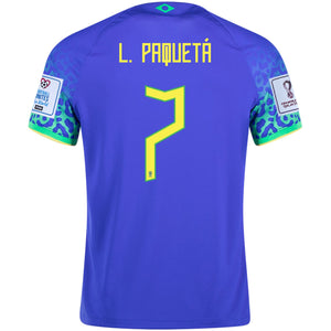 Nike Brazil Lucas Paqueta Away Jersey 22/23 w/ World Cup 2022 Patches (Paramount Blue/Green Spark)