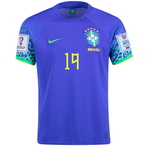 Nike Brazil Raphinha Away Jersey 22/23 w/ World Cup 2022 Patches (Paramount Blue/Green Spark)