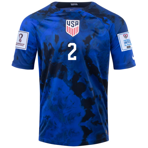Nike Estados Unidos Sergino Dest Away Jersey 22/23 con parches de la Copa Mundial 2022 (Azul brillante/Blanco)