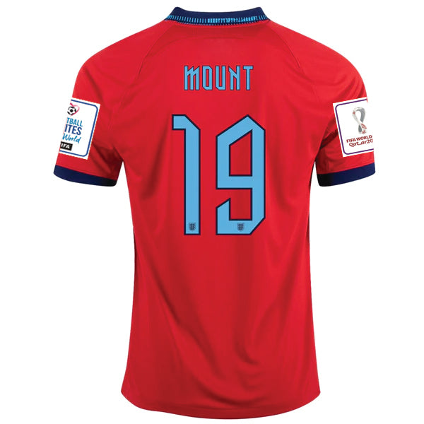 Camiseta Nike Inglaterra Mason Mount Away 22/23 con parches de la Copa Mundial 2022 (Challenge Red/Blue Void)