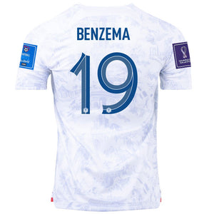 Nike France Karmin Benzema Away Jersey w/ World Cup Champion & World Cup 2022 Patches 22/23 (White)