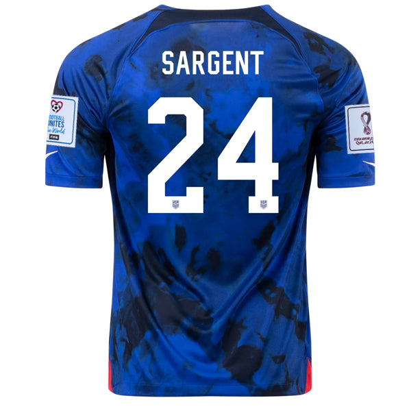 Nike Estados Unidos Josh Sargent Away Jersey 22/23 con parches de la Copa Mundial 2022 (Azul brillante/Blanco)