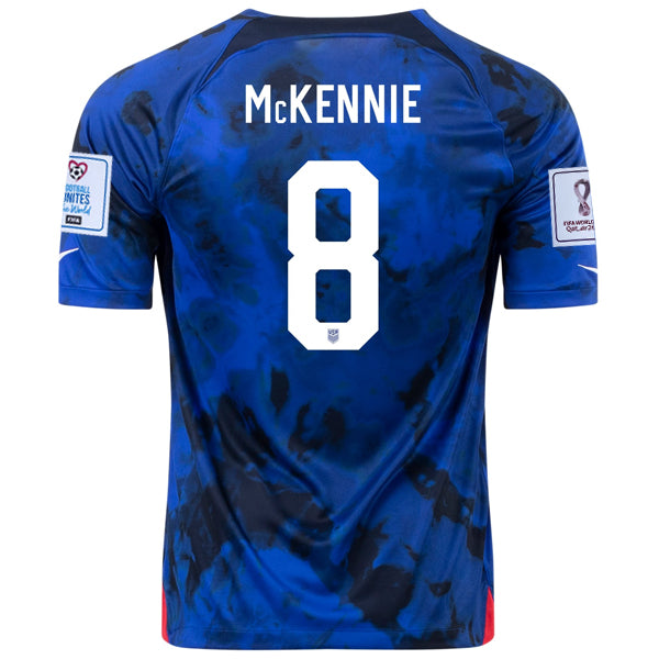 Nike Estados Unidos Weston Mckennie Away Jersey 22/23 con parches de la Copa Mundial 2022 (Azul brillante/Blanco)