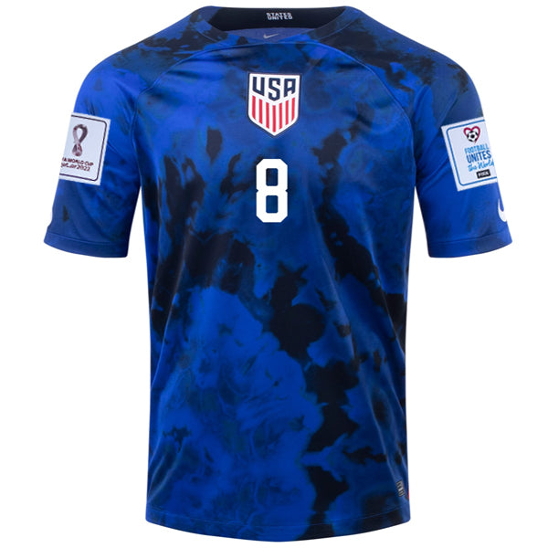 Nike Estados Unidos Weston Mckennie Away Jersey 22/23 con parches de la Copa Mundial 2022 (Azul brillante/Blanco)