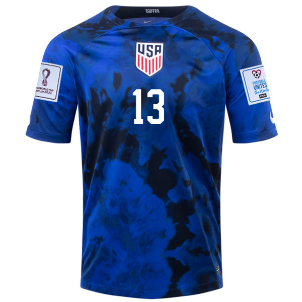 Nike Estados Unidos Morris Away Jersey 22/23 con parches de la Copa Mundial 2022 (Azul brillante/Blanco)