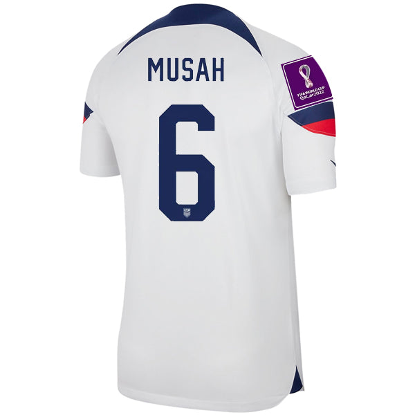 Nike Estados Unidos Musah Authentic Match Home Jersey 22/23 con parches de la Copa Mundial 2022 (Blanco/Azul)
