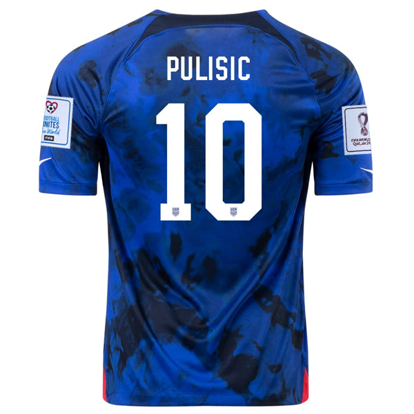 Camiseta Nike Estados Unidos Christian Pulisic Visitante 22/23 con parches Copa Mundial 2022 (Azul brillante/Blanco)