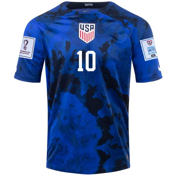 Camiseta Nike Estados Unidos Christian Pulisic Visitante 22/23 con parches Copa Mundial 2022 (Azul brillante/Blanco)