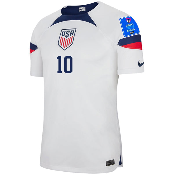 Nike United States Authentic Match Christian Pulisic Home Jersey 22/23 con parches de la Copa Mundial 2022 (Blanco/Azul)
