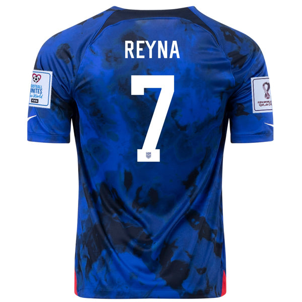 Camiseta Nike Estados Unidos Giovanni Reyna Visitante 22/23 con parches Copa Mundial 2022 (Azul brillante/Blanco)
