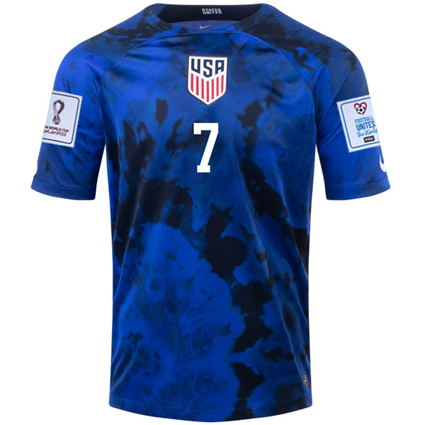 Camiseta Nike Estados Unidos Giovanni Reyna Visitante 22/23 con parches Copa Mundial 2022 (Azul brillante/Blanco)