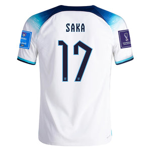 Nike England Bukayo Saka Authentic Match Home Jersey 22/23 w/ World Cup 2022 Patches(White/Blue Fury/Blue Void)