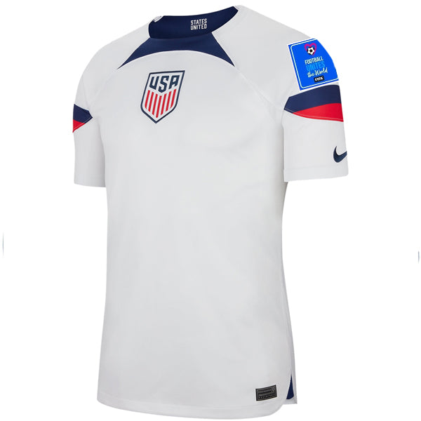 Nike United States Authentic Match Home Jersey 22/23 con parches de la Copa Mundial 2022 (Blanco/Azul)