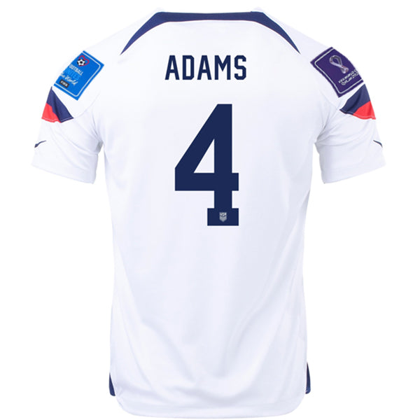 Nike Estados Unidos Tyler Adams Home Jersey 22/23 con parches de la Copa Mundial 2022 (Blanco/Azul)