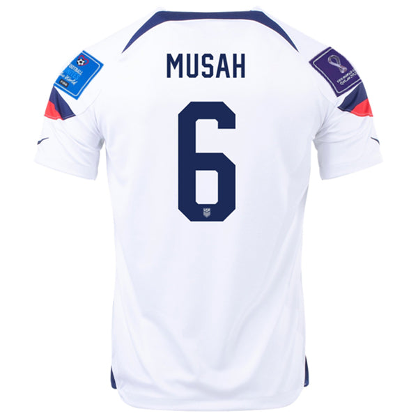 Camiseta Nike Estados Unidos Yunus Musah Local 22/23 con parches Copa Mundial 2022 (Blanco/Azul)